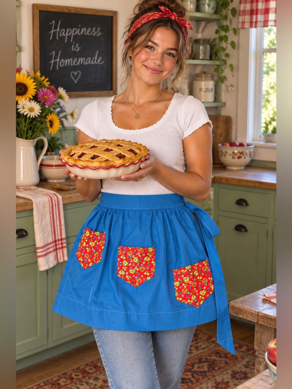 Vintage Handmade Blue Half Apron Skirt with Red Floral Pockets